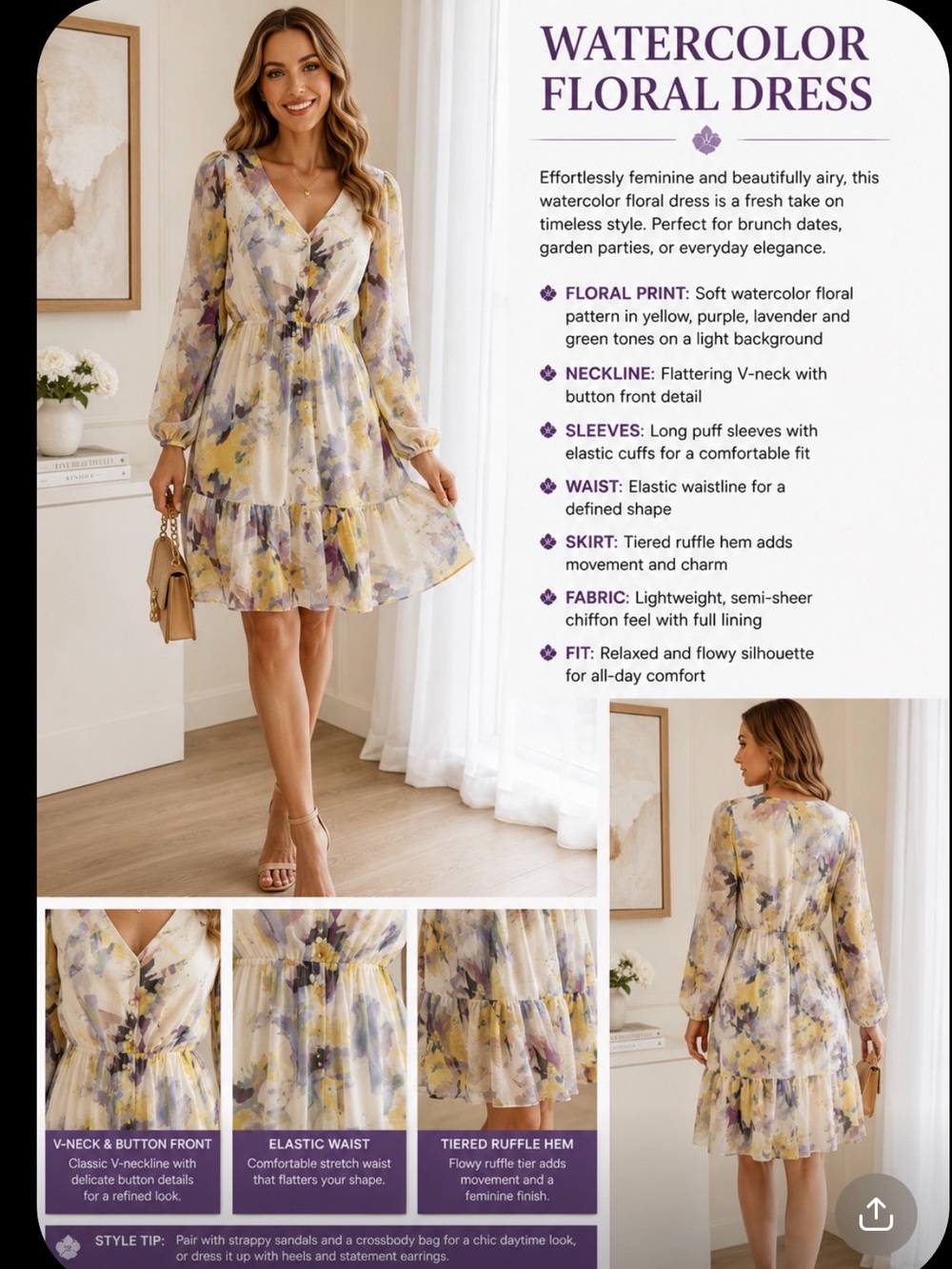 DKNY Watercolor Floral V-Neck Midi Dress in Yellow and Purple